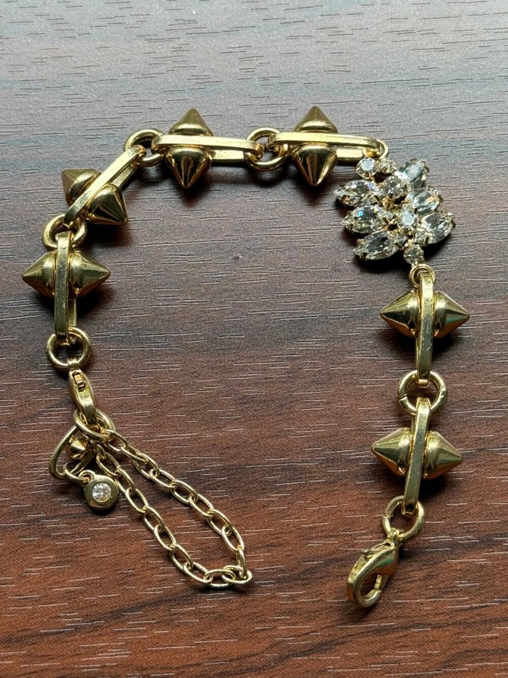 Y2K CAbi Studded Link Bracelet with Rhinestones in Gold Tone Metal
